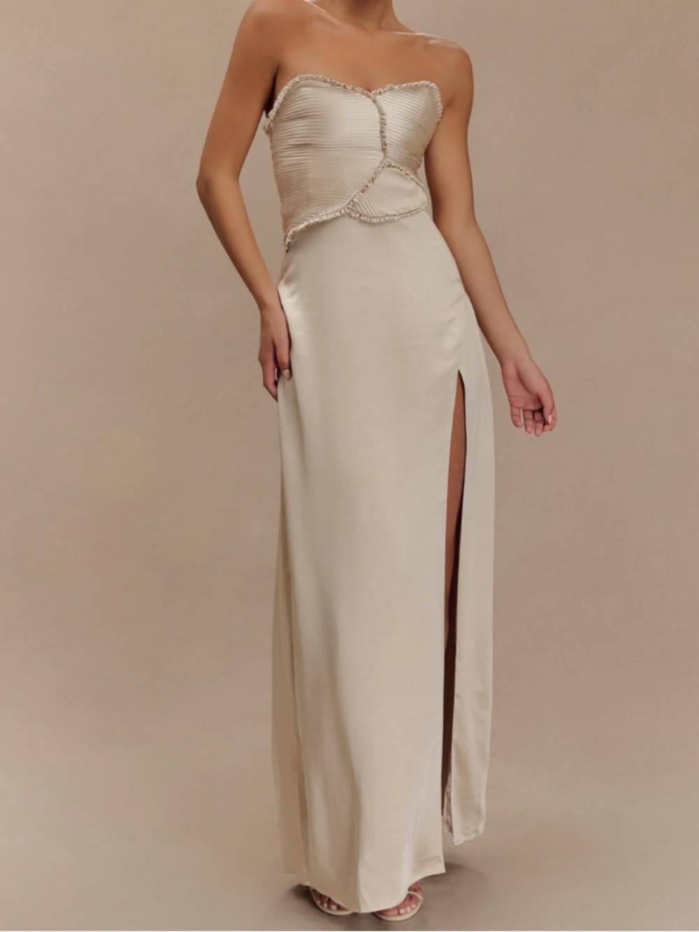 Meshki Cream Strapless Maxi Dress with High Side Slit